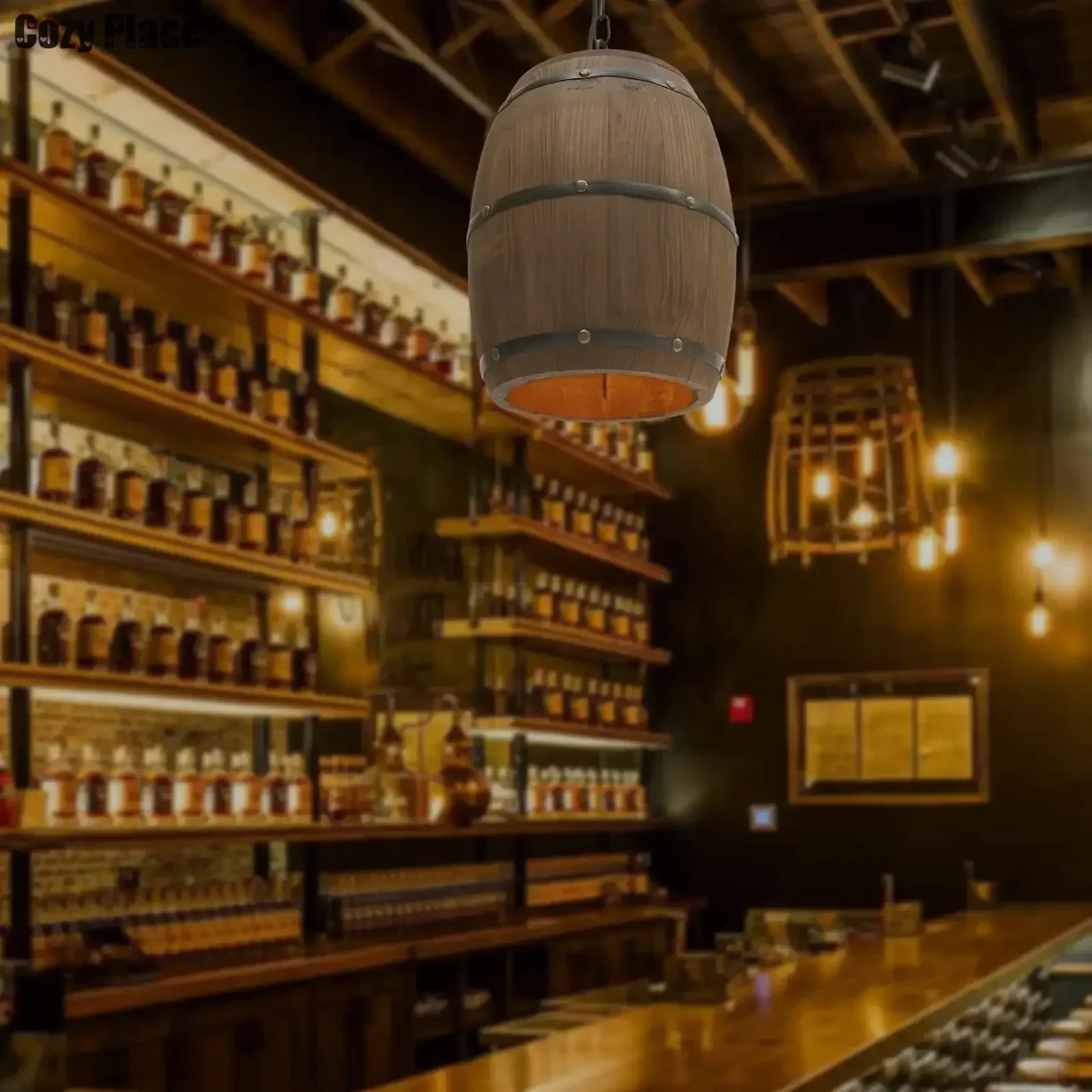 Wine & Beer Unlimited Spirits - Lampe rustique vintage, lustre en bois,